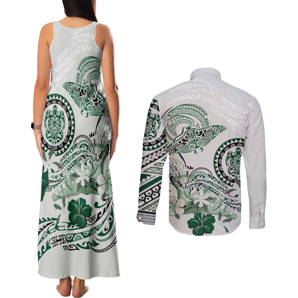 Polynesian Manta Ray Couples Matching Tank Maxi Dress and Long Sleeve Button Shirt Green Floral Turtle Tattoo - Polynesian Pride