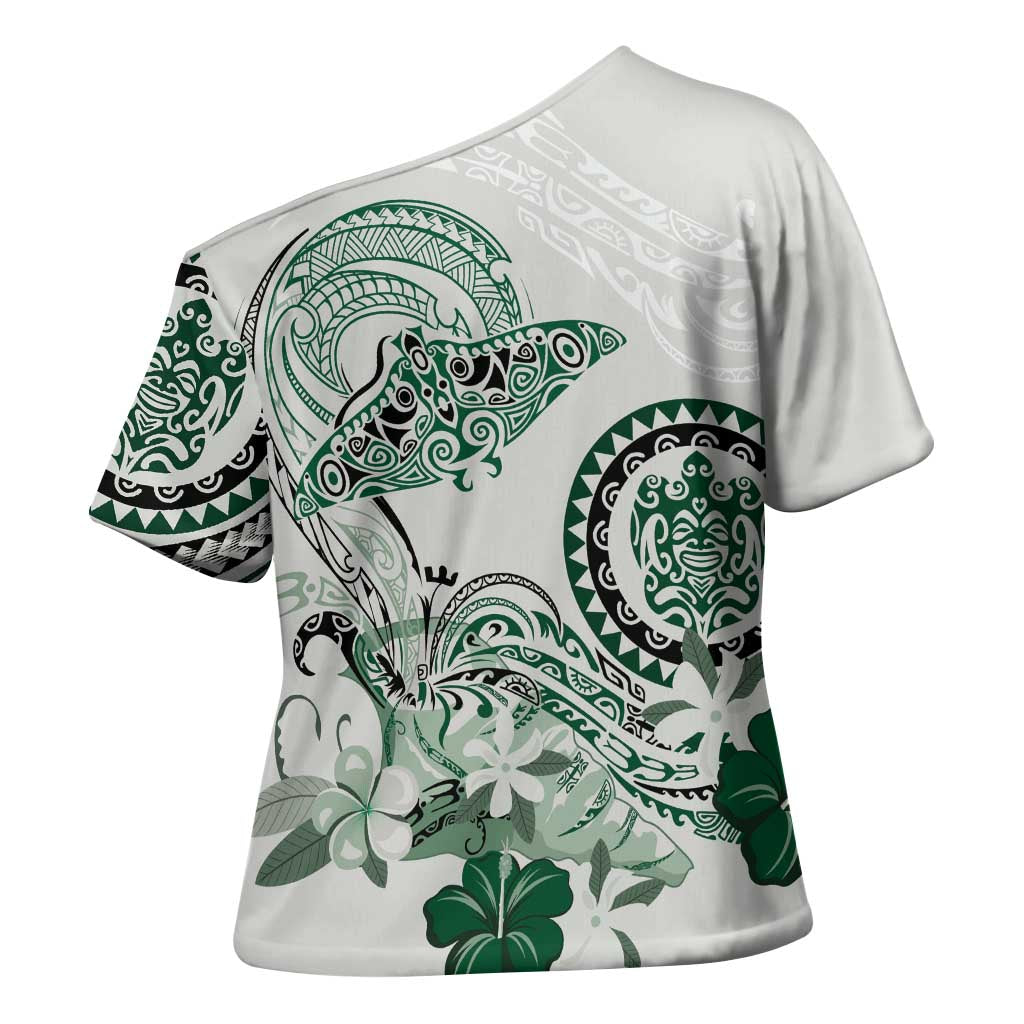 Polynesian Manta Ray Cross Shoulder Shirt Green Floral Turtle Tattoo - Polynesian Pride