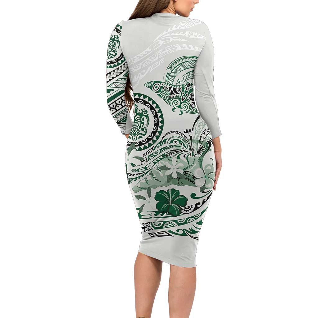 Polynesian Manta Ray Family Matching Long Sleeve Bodycon Dress and Hawaiian Shirt Green Floral Turtle Tattoo - Polynesian Pride