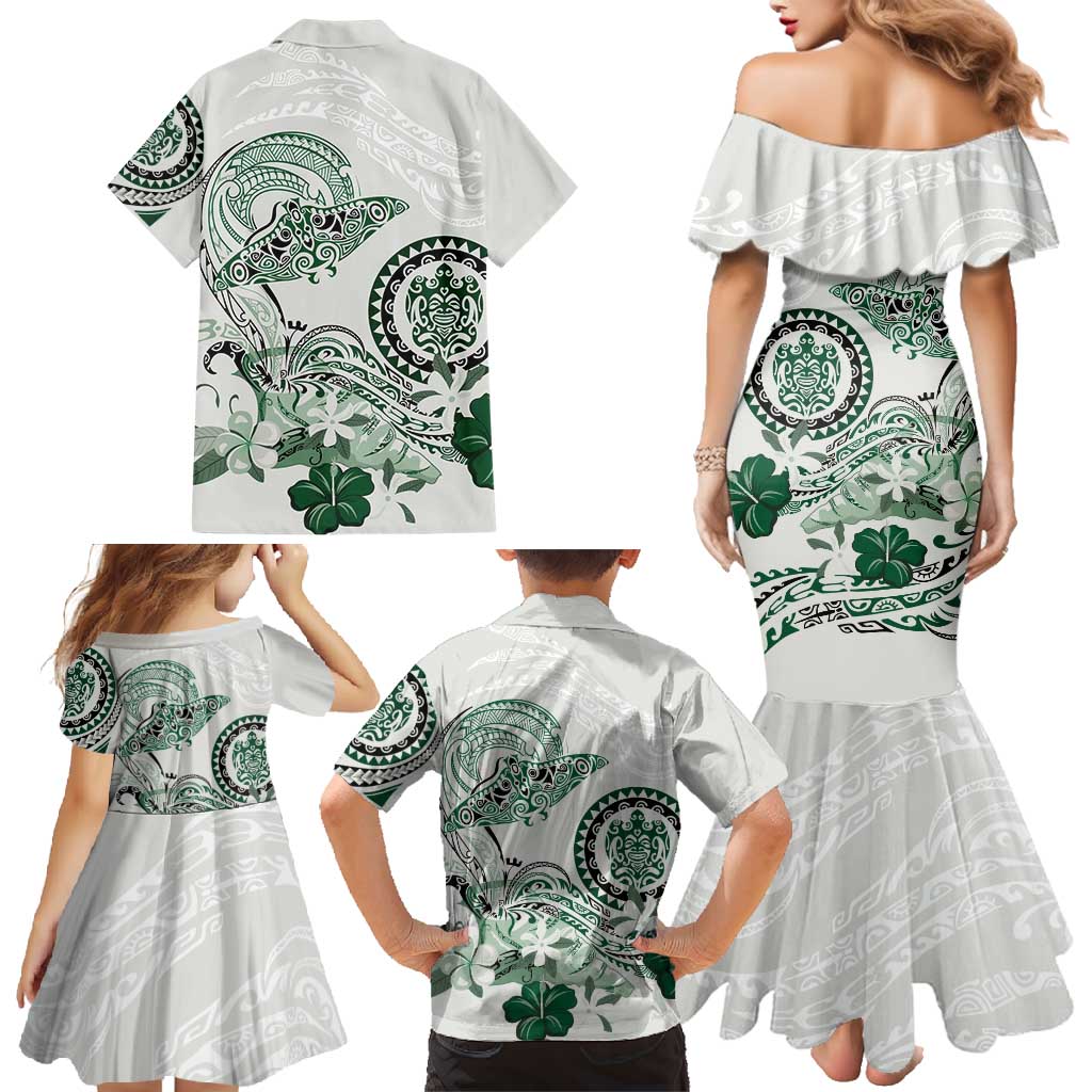 Polynesian Manta Ray Family Matching Mermaid Dress and Hawaiian Shirt Green Floral Turtle Tattoo - Polynesian Pride