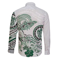 Polynesian Manta Ray Family Matching Off The Shoulder Long Sleeve Dress and Hawaiian Shirt Green Floral Turtle Tattoo - Polynesian Pride