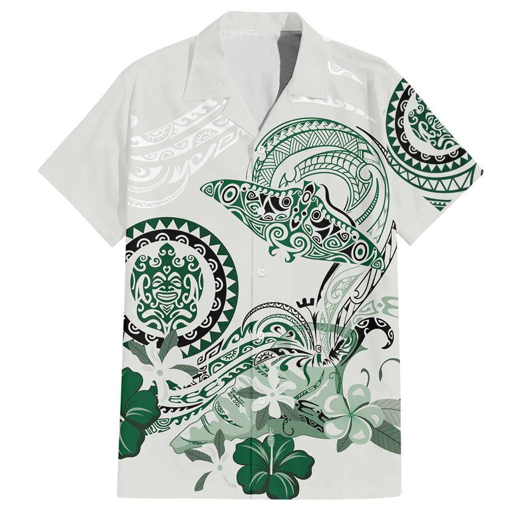 Polynesian Manta Ray Family Matching Off Shoulder Maxi Dress and Hawaiian Shirt Green Floral Turtle Tattoo - Polynesian Pride