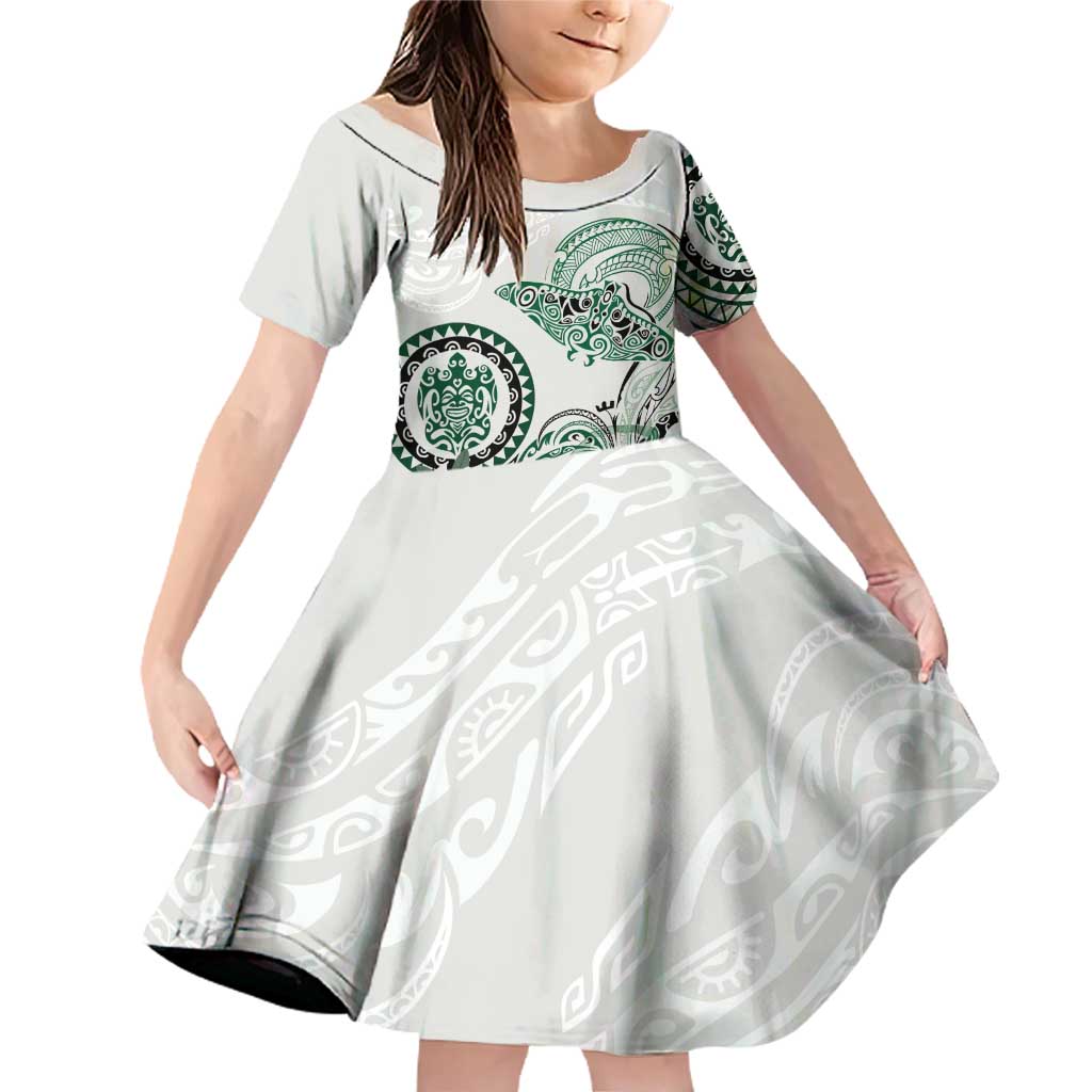 Polynesian Manta Ray Family Matching Off Shoulder Short Dress and Hawaiian Shirt Green Floral Turtle Tattoo - Polynesian Pride