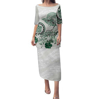 Polynesian Manta Ray Family Matching Puletasi and Hawaiian Shirt Green Floral Turtle Tattoo - Polynesian Pride