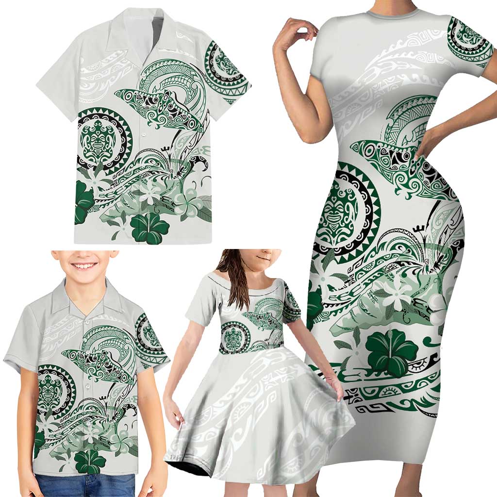 Polynesian Manta Ray Family Matching Short Sleeve Bodycon Dress and Hawaiian Shirt Green Floral Turtle Tattoo - Polynesian Pride