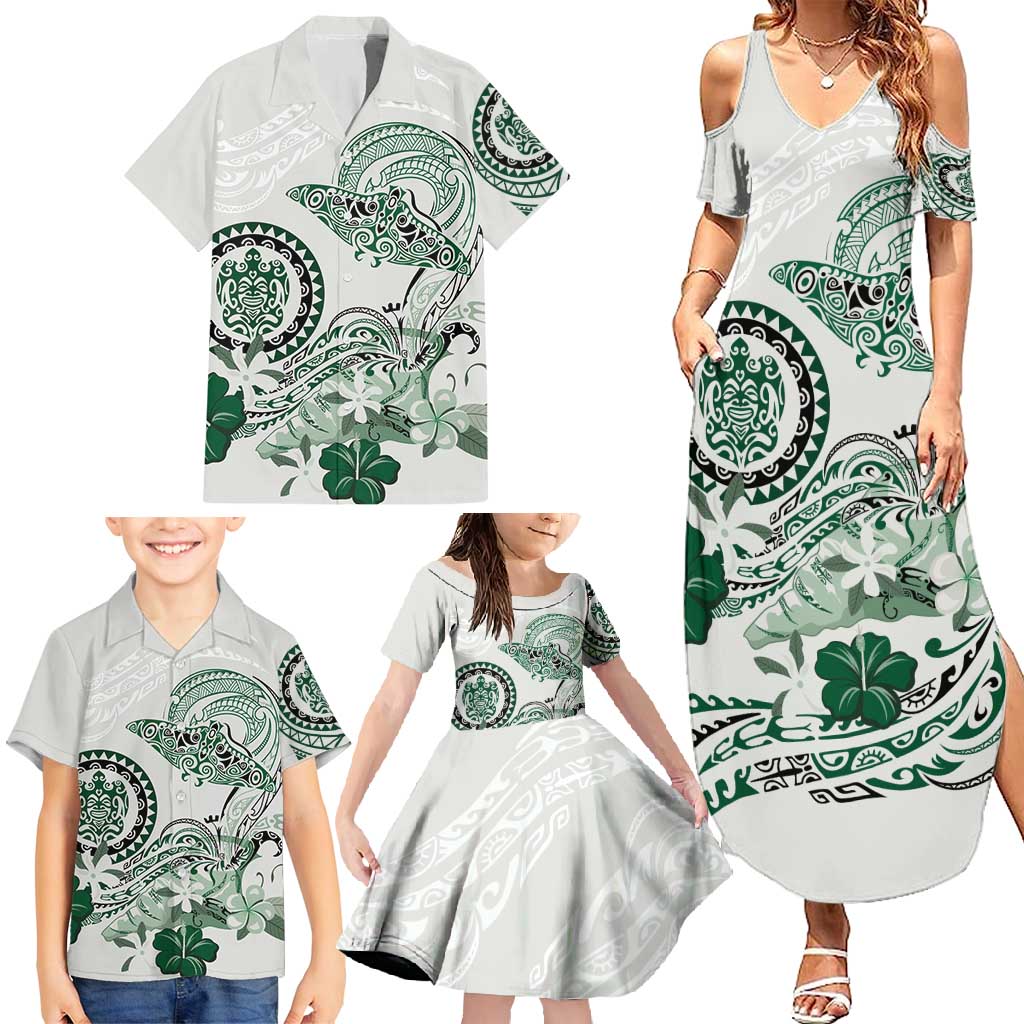 Polynesian Manta Ray Family Matching Summer Maxi Dress and Hawaiian Shirt Green Floral Turtle Tattoo - Polynesian Pride