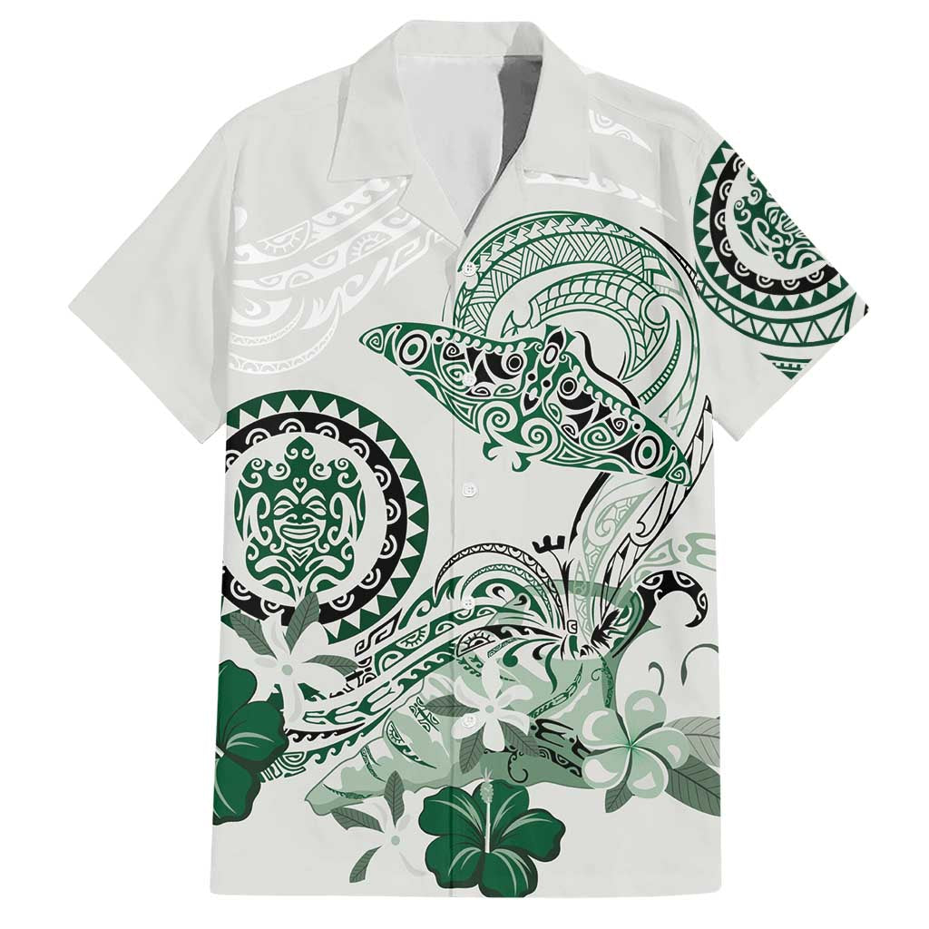 Polynesian Manta Ray Hawaiian Shirt Green Floral Turtle Tattoo - Polynesian Pride