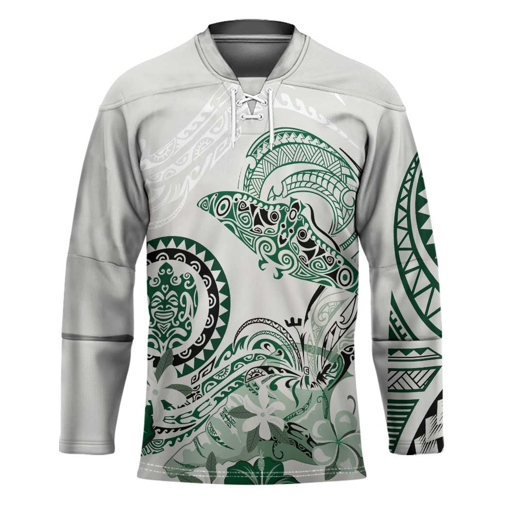 Polynesian Manta Ray Hockey Jersey Green Floral Turtle Tattoo - Polynesian Pride