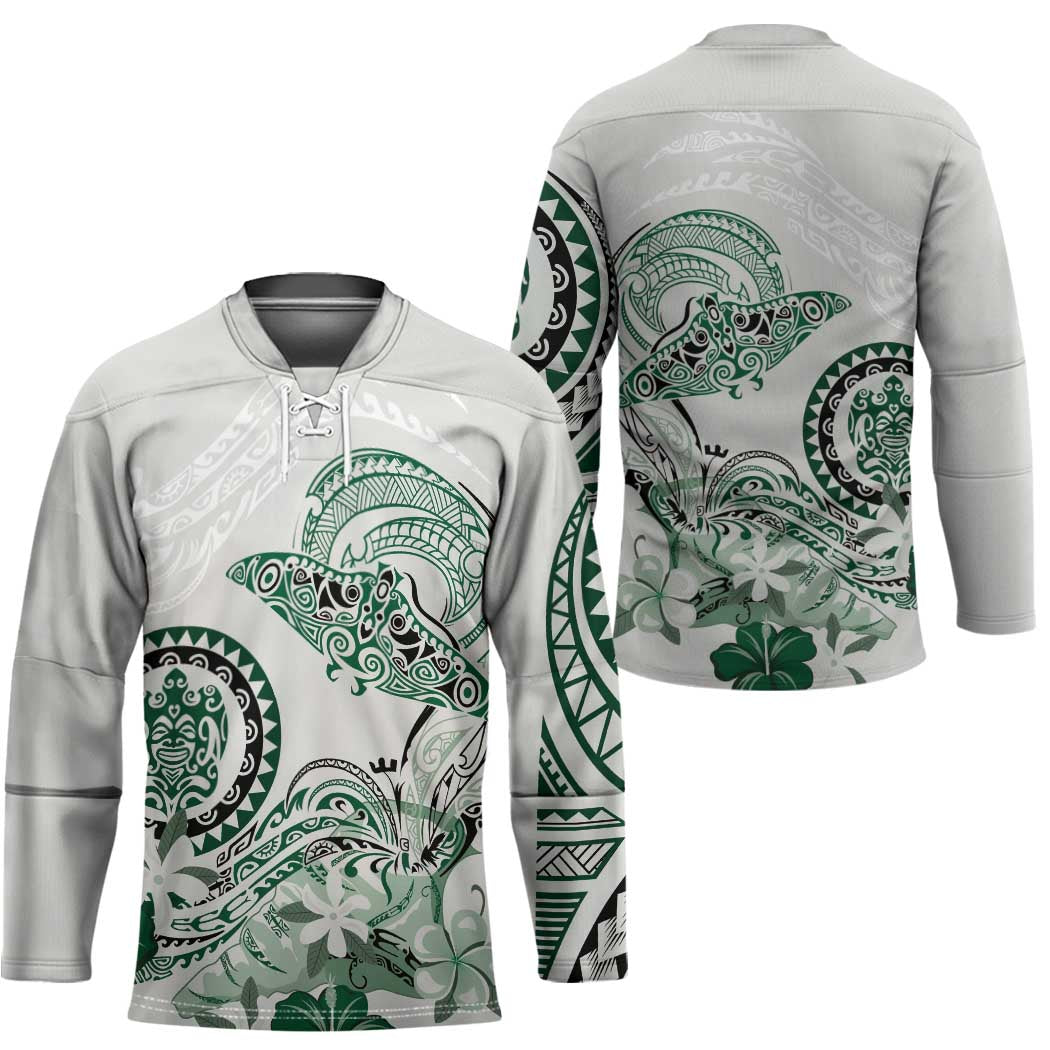 Polynesian Manta Ray Hockey Jersey Green Floral Turtle Tattoo - Polynesian Pride