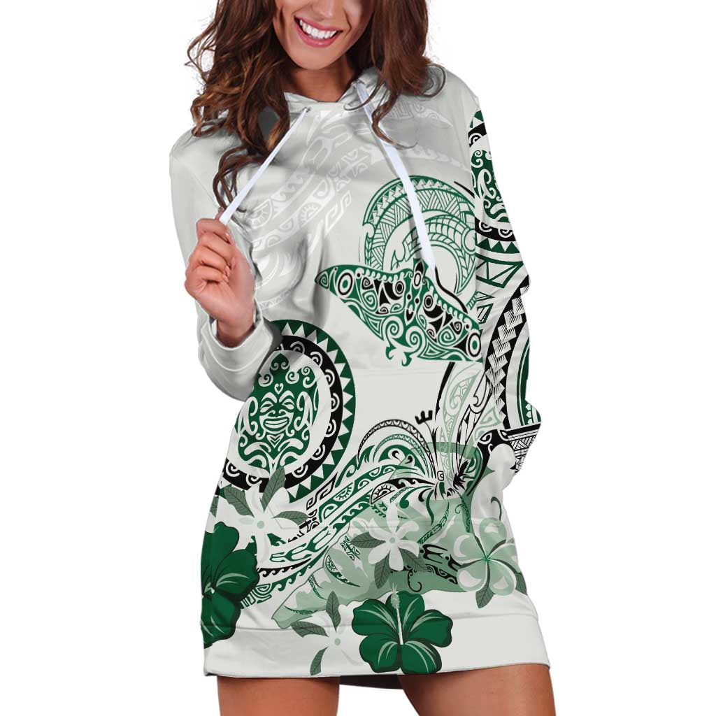 Polynesian Manta Ray Hoodie Dress Green Floral Turtle Tattoo - Polynesian Pride