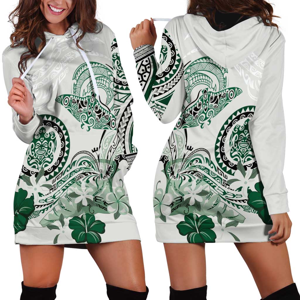 Polynesian Manta Ray Hoodie Dress Green Floral Turtle Tattoo - Polynesian Pride