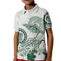 Polynesian Manta Ray Kid Polo Shirt Green Floral Turtle Tattoo - Polynesian Pride