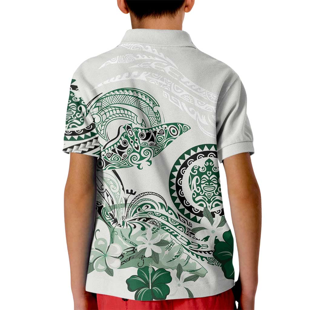 Polynesian Manta Ray Kid Polo Shirt Green Floral Turtle Tattoo - Polynesian Pride
