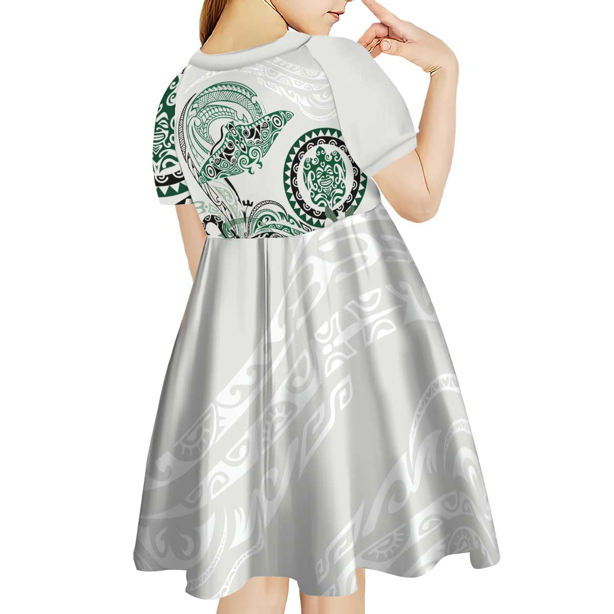 Polynesian Manta Ray Kid Short Sleeve Dress Green Floral Turtle Tattoo - Polynesian Pride
