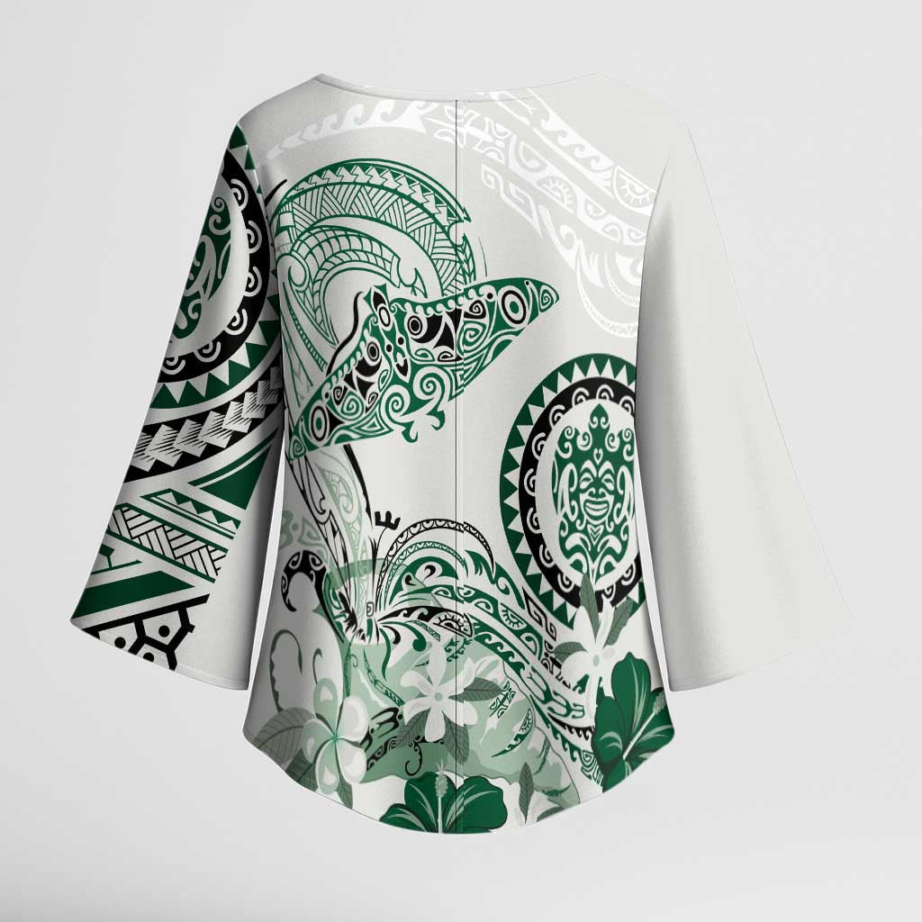 Polynesian Manta Ray Kimono Sleeve Blouse Green Floral Turtle Tattoo - Polynesian Pride