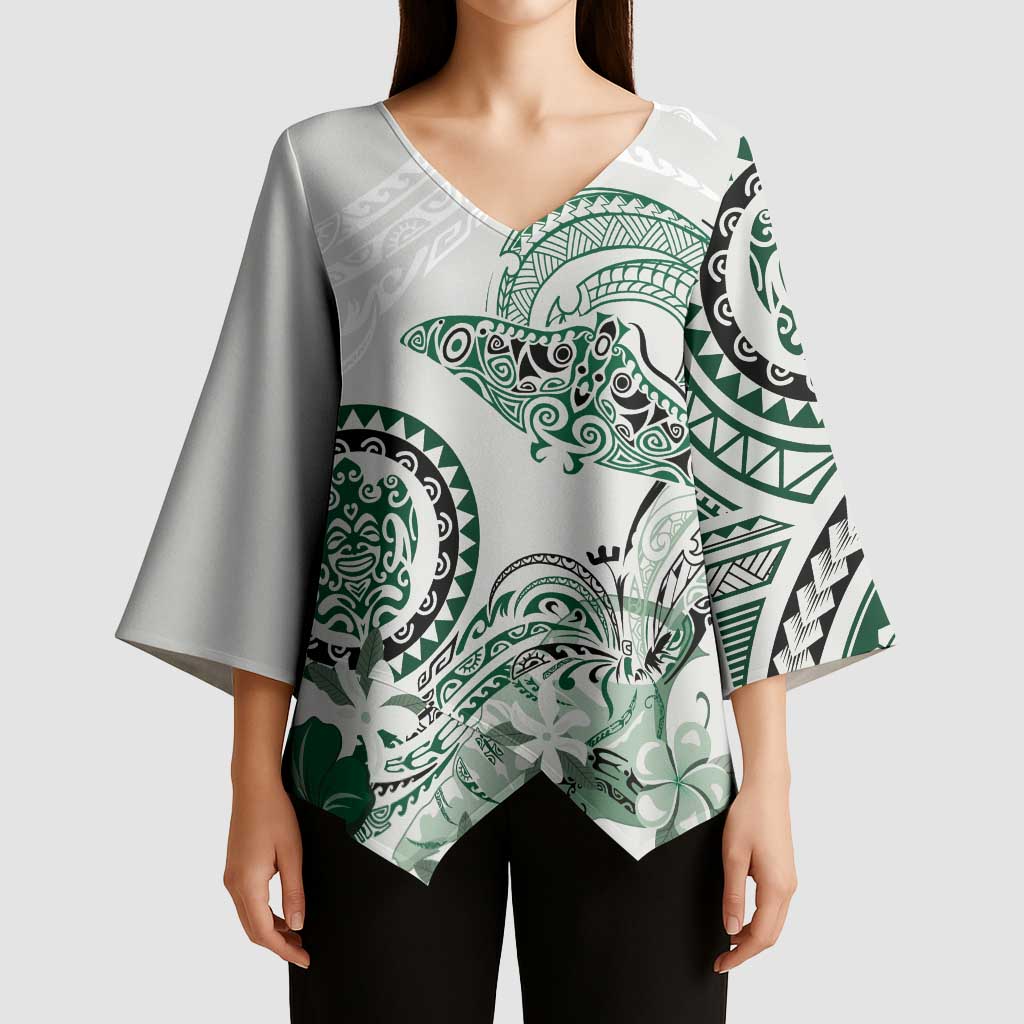 Polynesian Manta Ray Kimono Sleeve Blouse Green Floral Turtle Tattoo - Polynesian Pride