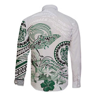 Polynesian Manta Ray Long Sleeve Button Shirt Green Floral Turtle Tattoo - Polynesian Pride