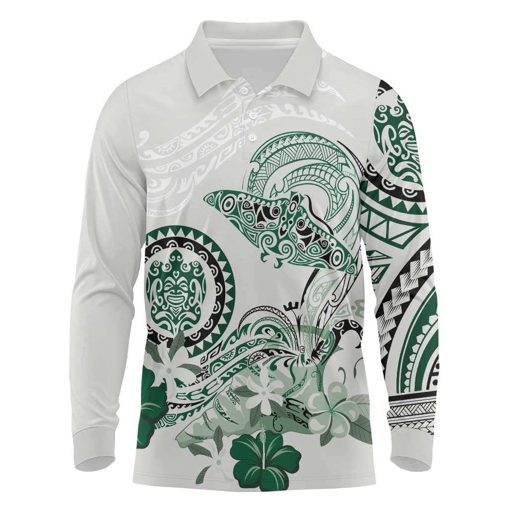Polynesian Manta Ray Long Sleeve Polo Shirt Green Floral Turtle Tattoo - Polynesian Pride
