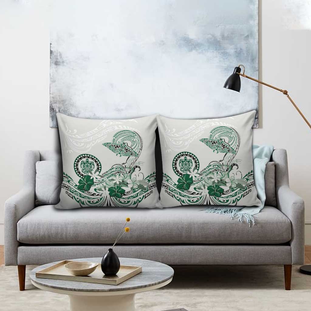 Polynesian Manta Ray Pillow Cover Green Floral Turtle Tattoo - Polynesian Pride