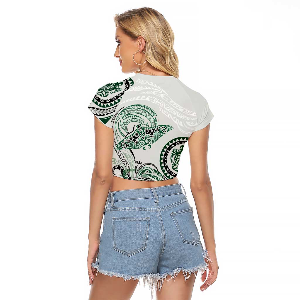 Polynesian Manta Ray Raglan Cropped T Shirt Green Floral Turtle Tattoo - Polynesian Pride