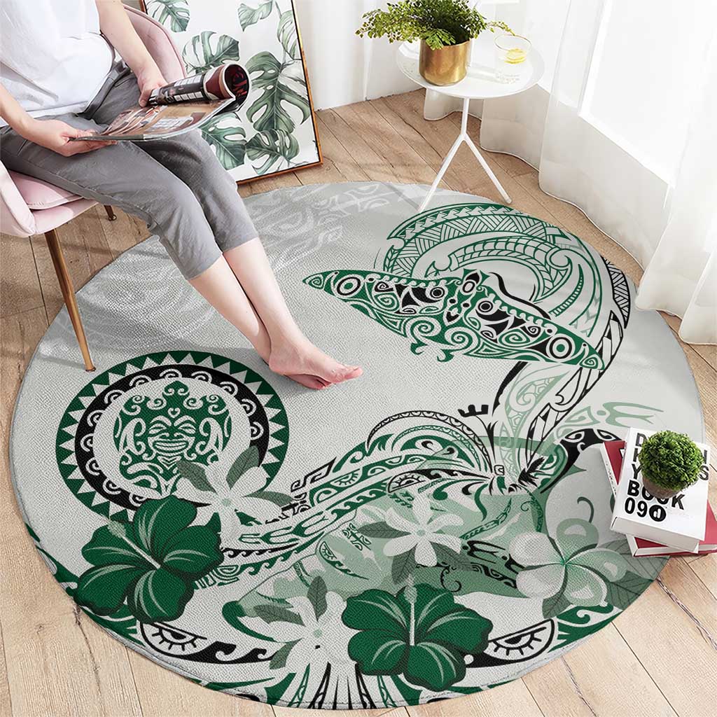 Polynesian Manta Ray Round Carpet Green Floral Turtle Tattoo - Polynesian Pride