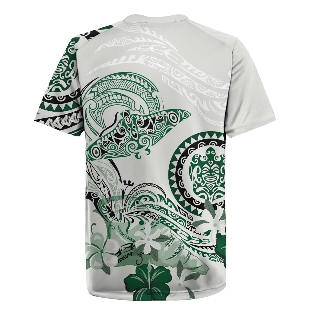 Polynesian Manta Ray Rugby Jersey Green Floral Turtle Tattoo - Polynesian Pride