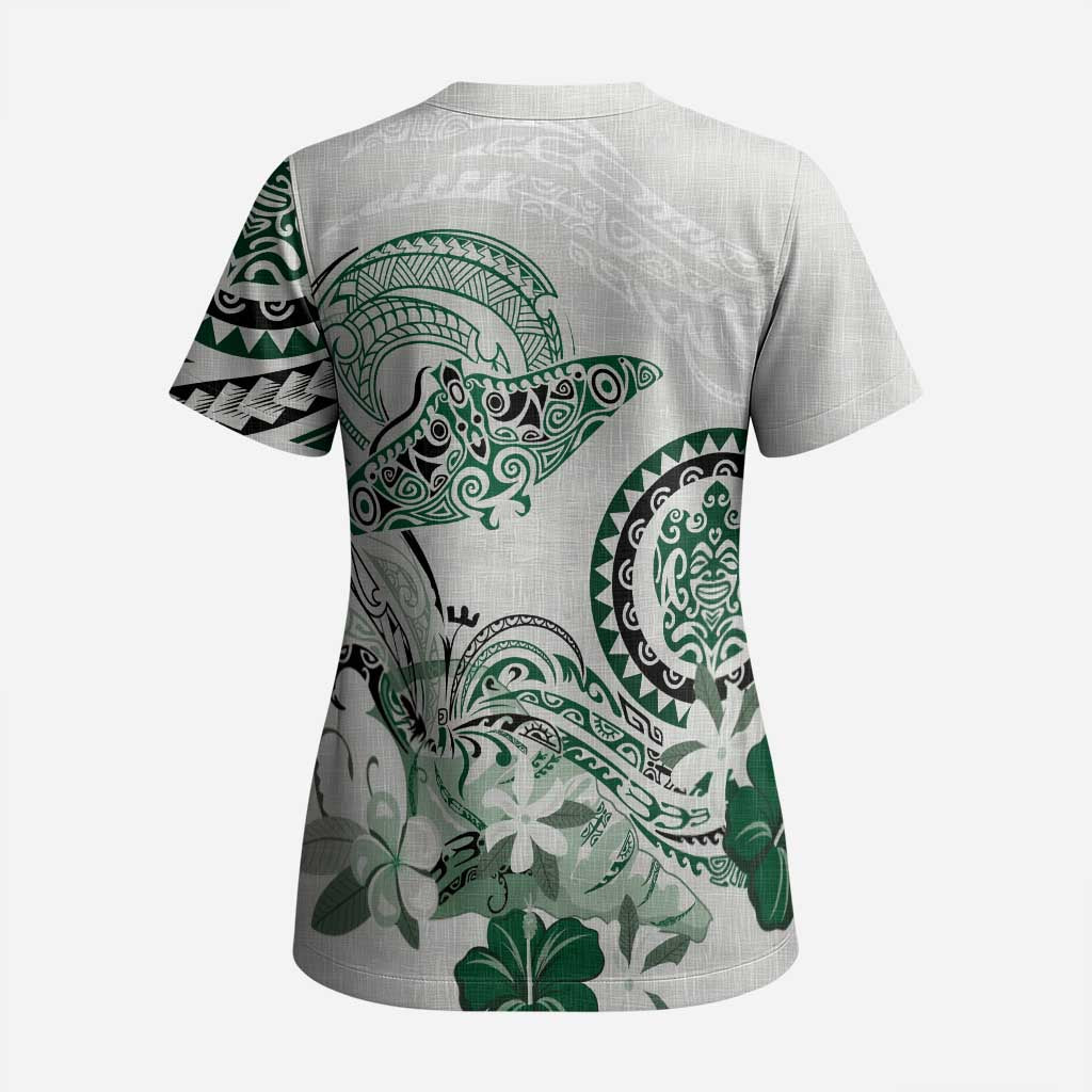 Polynesian Manta Ray Scrub Top Green Floral Turtle Tattoo - Polynesian Pride
