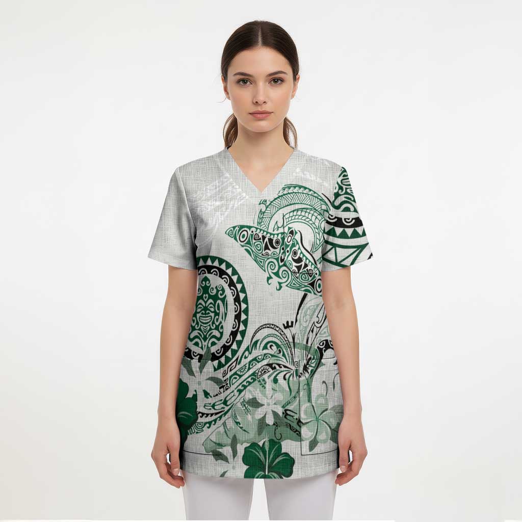 Polynesian Manta Ray Scrub Top Green Floral Turtle Tattoo - Polynesian Pride