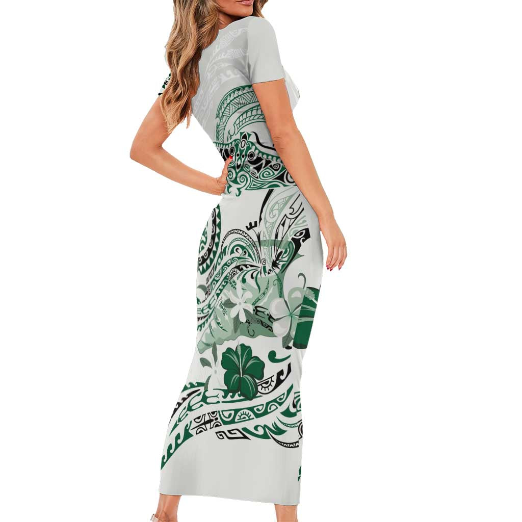 Polynesian Manta Ray Short Sleeve Bodycon Dress Green Floral Turtle Tattoo - Polynesian Pride