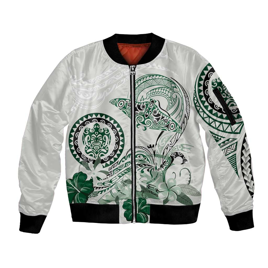 Polynesian Manta Ray Sleeve Zip Bomber Jacket Green Floral Turtle Tattoo - Polynesian Pride