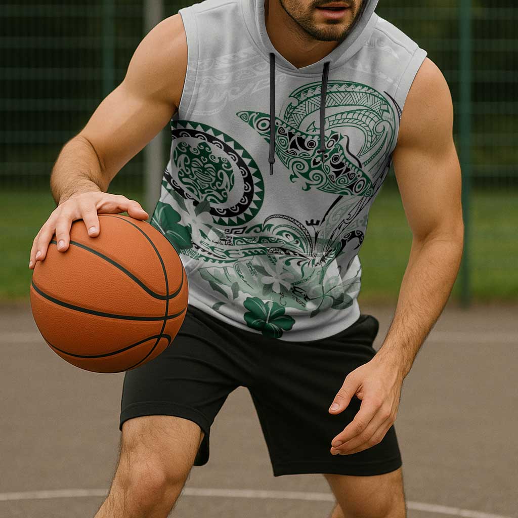 Polynesian Manta Ray Sleeveless Hoodie Green Floral Turtle Tattoo - Polynesian Pride