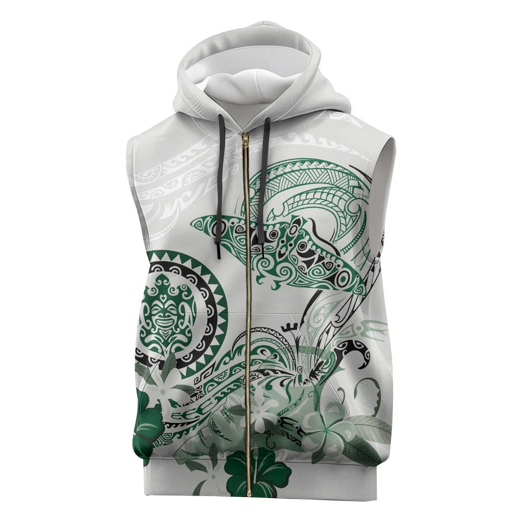 Polynesian Manta Ray Sleeveless Zip Hoodie Green Floral Turtle Tattoo - Polynesian Pride