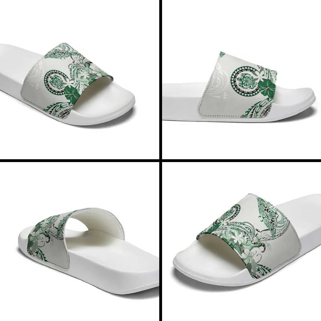 Polynesian Manta Ray Slide Sandals Green Floral Turtle Tattoo - Polynesian Pride