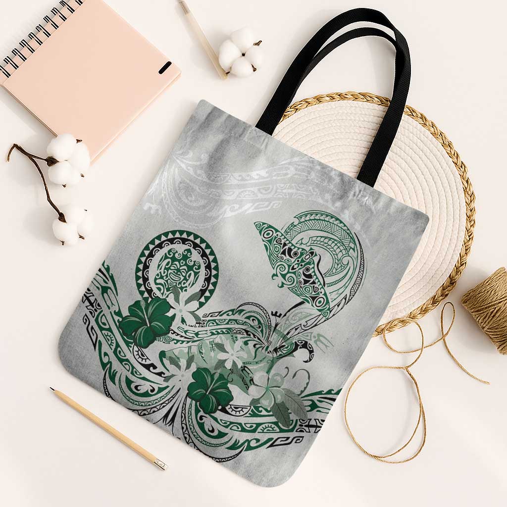 Polynesian Manta Ray Tote Bag Green Floral Turtle Tattoo - Polynesian Pride