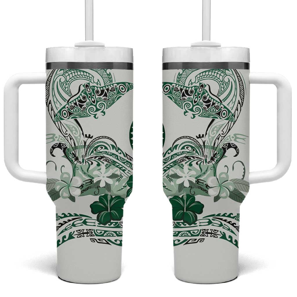 Polynesian Manta Ray Tumbler With Handle Green Floral Turtle Tattoo - Polynesian Pride