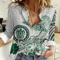 Polynesian Manta Ray Women Casual Shirt Green Floral Turtle Tattoo - Polynesian Pride