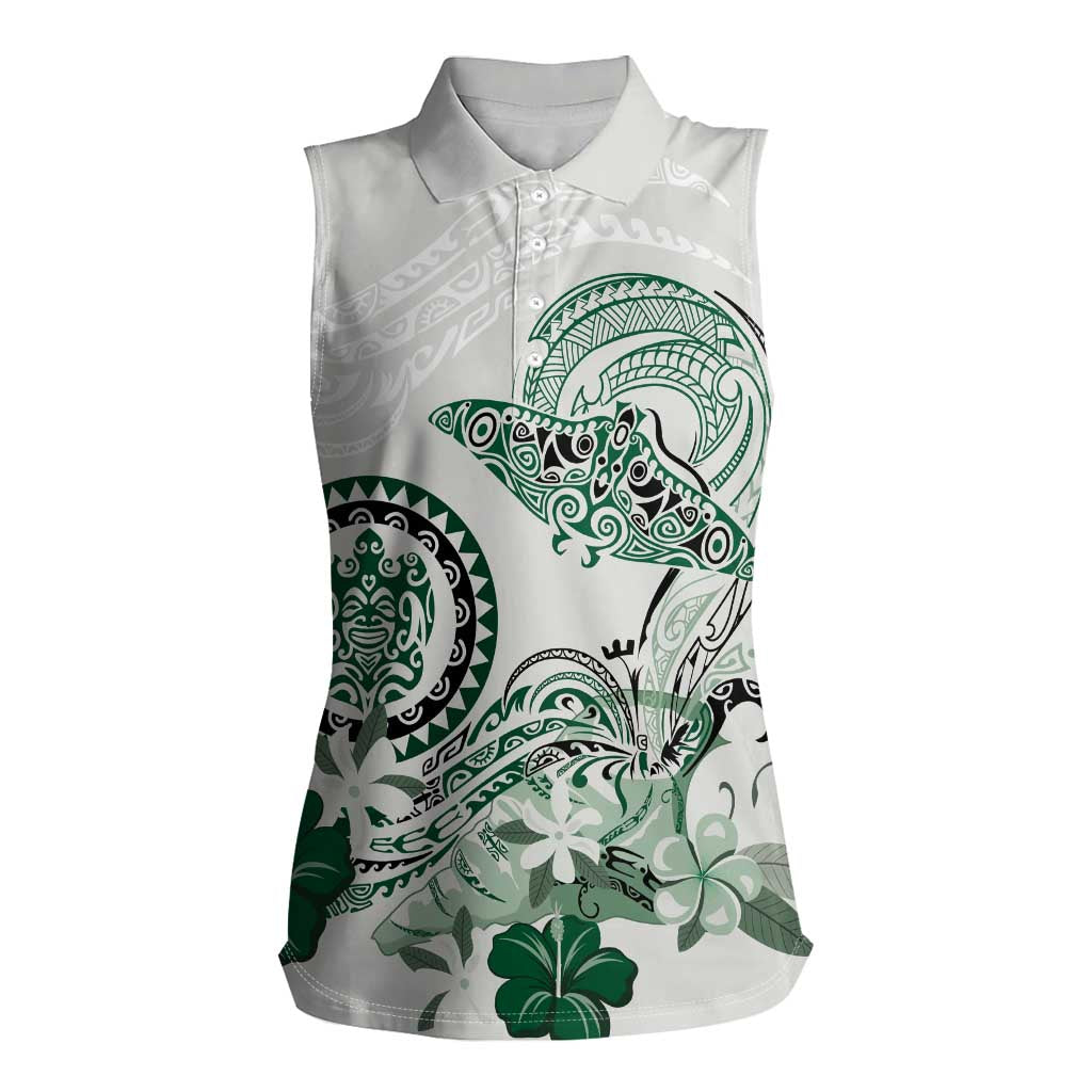 Polynesian Manta Ray Women Sleeveless Polo Shirt Green Floral Turtle Tattoo - Polynesian Pride