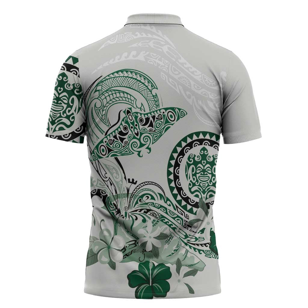 Polynesian Manta Ray Zipper Polo Shirt Green Floral Turtle Tattoo - Polynesian Pride