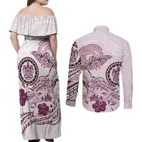 Polynesian Manta Ray Couples Matching Off Shoulder Maxi Dress and Long Sleeve Button Shirt Pink Floral Turtle Tattoo - Polynesian Pride