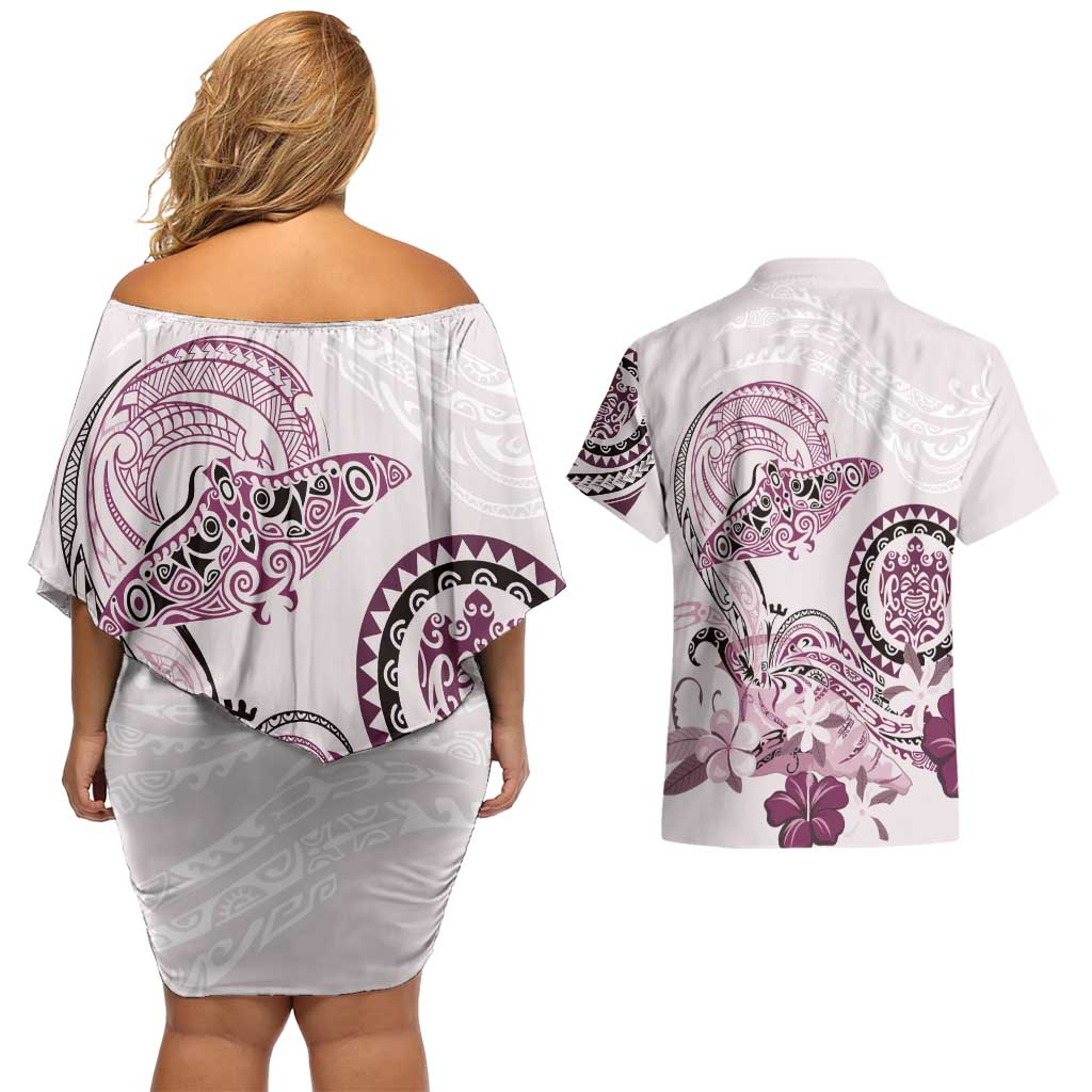 Polynesian Manta Ray Couples Matching Off Shoulder Short Dress and Hawaiian Shirt Pink Floral Turtle Tattoo - Polynesian Pride