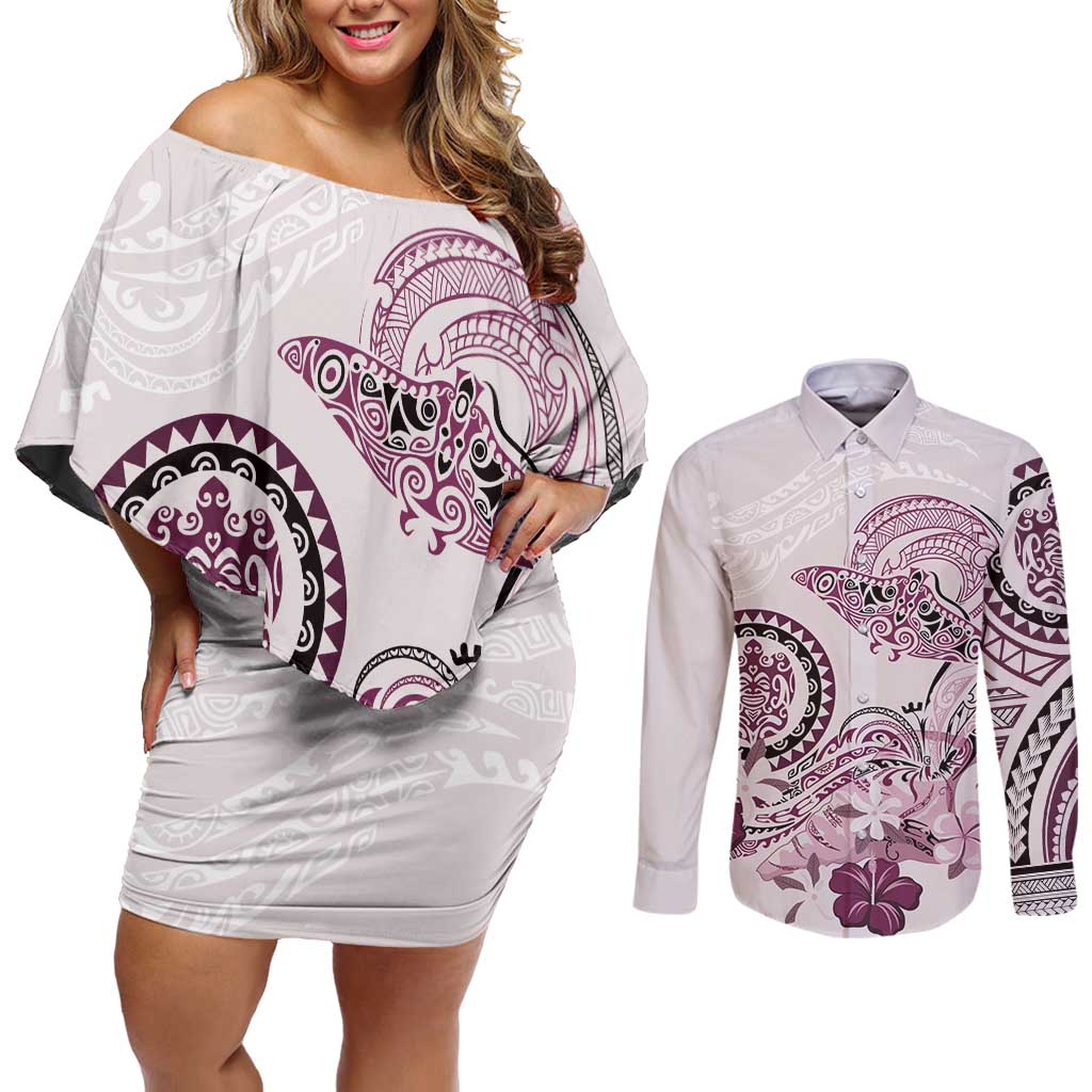 Polynesian Manta Ray Couples Matching Off Shoulder Short Dress and Long Sleeve Button Shirt Pink Floral Turtle Tattoo - Polynesian Pride