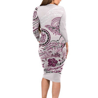 Polynesian Manta Ray Family Matching Long Sleeve Bodycon Dress and Hawaiian Shirt Pink Floral Turtle Tattoo - Polynesian Pride