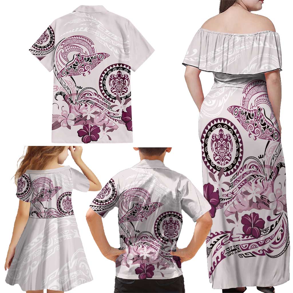 Polynesian Manta Ray Family Matching Off Shoulder Maxi Dress and Hawaiian Shirt Pink Floral Turtle Tattoo - Polynesian Pride