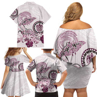 Polynesian Manta Ray Family Matching Off Shoulder Short Dress and Hawaiian Shirt Pink Floral Turtle Tattoo - Polynesian Pride