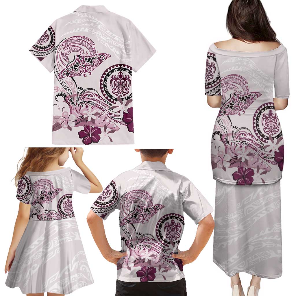 Polynesian Manta Ray Family Matching Puletasi and Hawaiian Shirt Pink Floral Turtle Tattoo - Polynesian Pride
