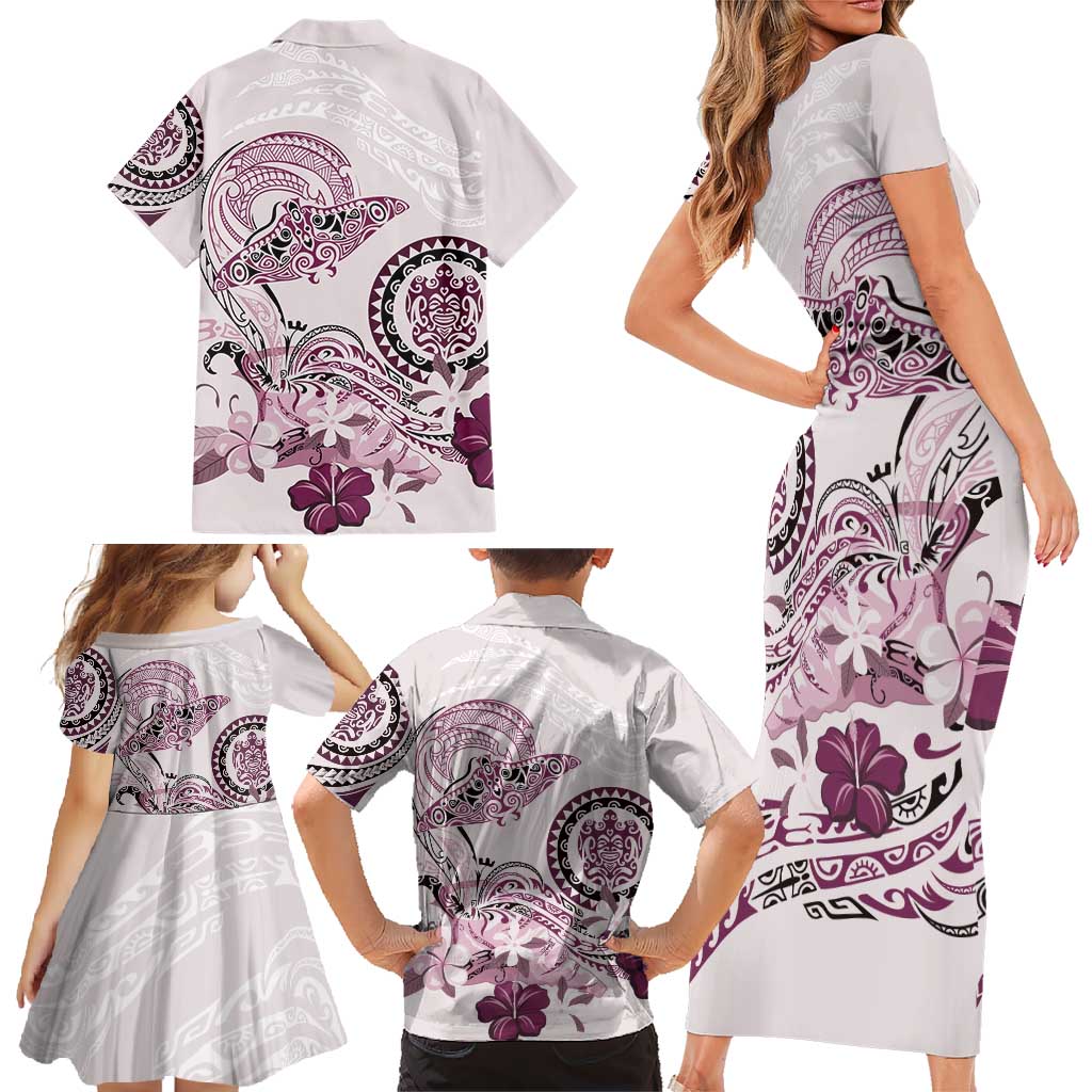 Polynesian Manta Ray Family Matching Short Sleeve Bodycon Dress and Hawaiian Shirt Pink Floral Turtle Tattoo - Polynesian Pride