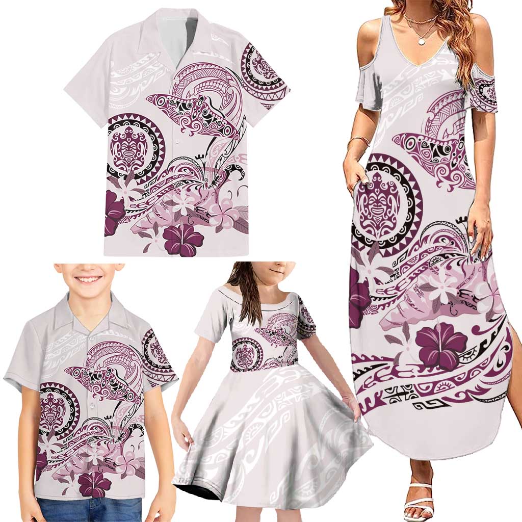 Polynesian Manta Ray Family Matching Summer Maxi Dress and Hawaiian Shirt Pink Floral Turtle Tattoo - Polynesian Pride