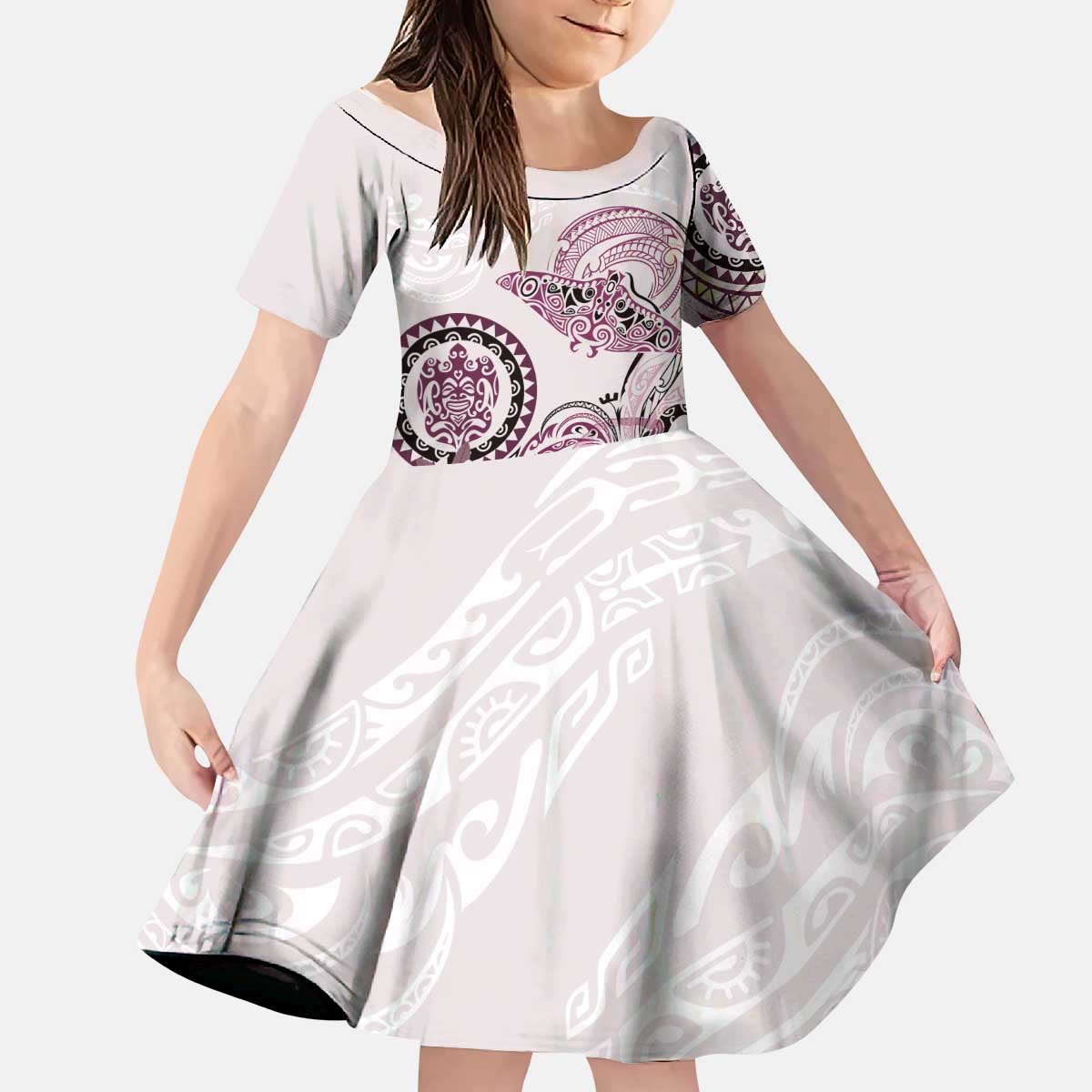 Polynesian Manta Ray Kid Short Sleeve Dress Pink Floral Turtle Tattoo - Polynesian Pride