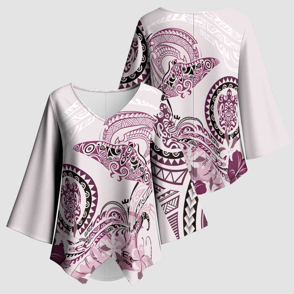 Polynesian Manta Ray Kimono Sleeve Blouse Pink Floral Turtle Tattoo - Polynesian Pride