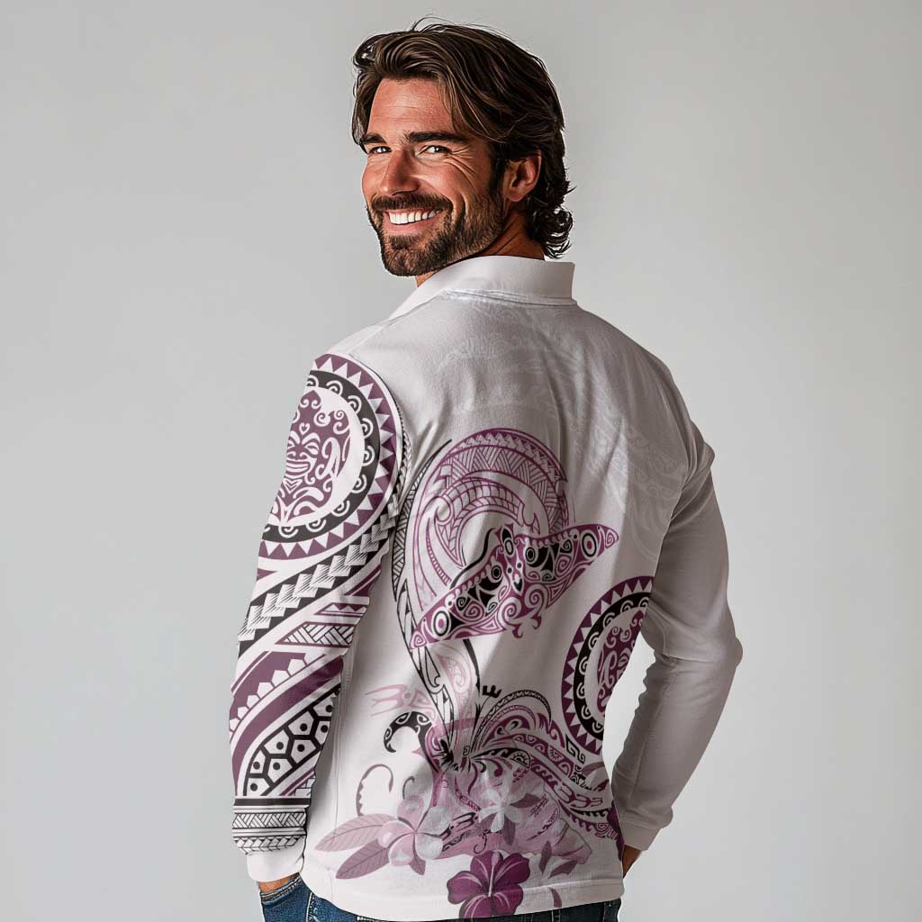 Polynesian Manta Ray Long Sleeve Polo Shirt Pink Floral Turtle Tattoo - Polynesian Pride